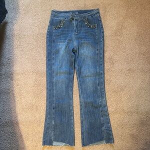 Embellished Pocket Cropped Flare Jeans - Blue